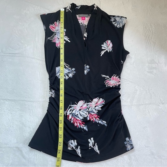 Vince Camuto Black Floral Ruched Stretch Top Sleeveless V-Neck Blouse Size XS - Picture 8 of 9